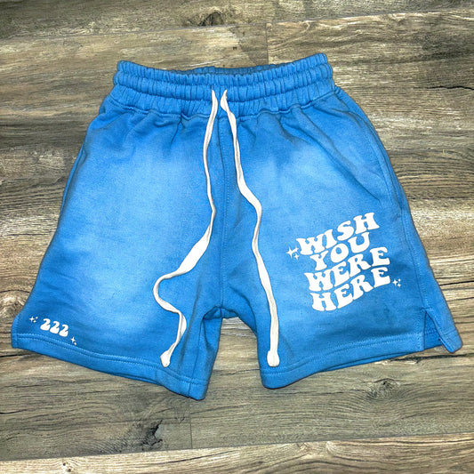 blue 'wish you were here' shorts