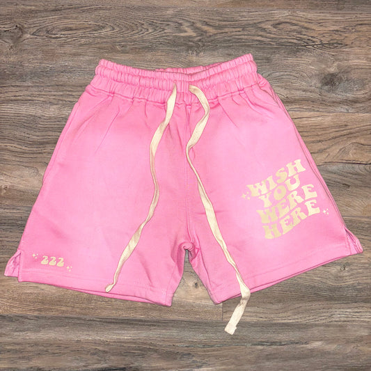 pink 'wish you were here' shorts